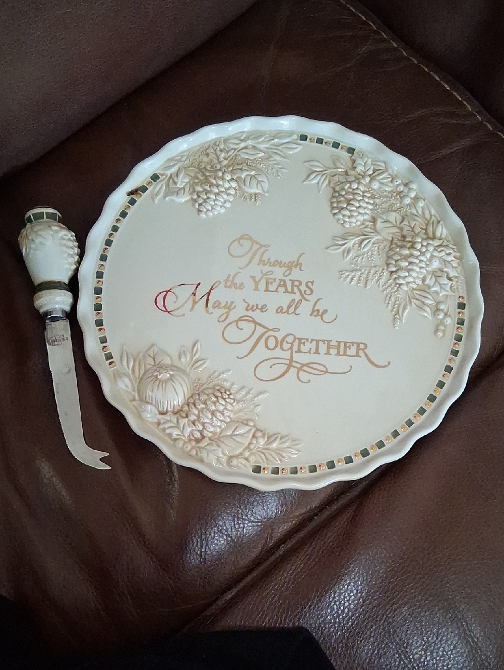 Embossed Ceramic Serving Plate with Gold Script